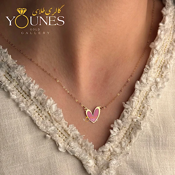 گردنبند میناکاری قلب صورتی روشن طلا